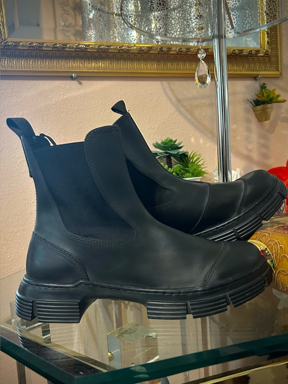 Gianni Black Recycled Chunky Rubber Chelsea Combat Boots Rugged Lug Sole Size 40